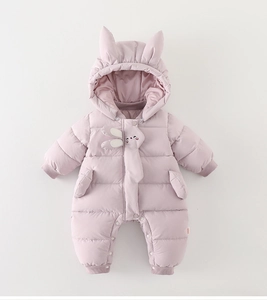 Detailed view of pink baby winter romper featuring cute rabbit ears and button closure