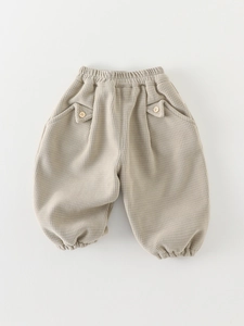 Pantalon en velours côtelé kaki pour bébé avec taille élastique et bords-côtes d'hiver