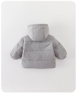 Back view of light grey hooded down jacket for kids featuring classic horizontal quilting