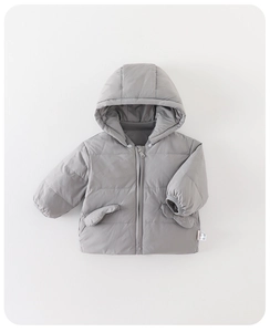Detail view of baby grey down jacket showing elastic windproof cuffs and washing labels