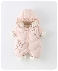 Close-up of pink baby down suit featuring ruffled hood and 3D butterfly ornaments
