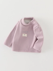 Winter thermal baby long sleeve fleece sweatshirt in soft pink with embroidery and patches