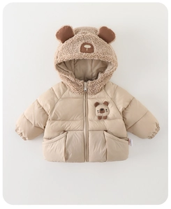 Close-up of baby winter coat with cute bear ears and soft fleece lining detail