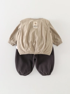 Three-piece warm toddler outfit with khaki ribbed top, vest and dark brown pants