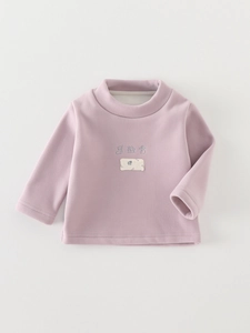Light purple fleece thermal mock neck pullover with cute embroidery for infants