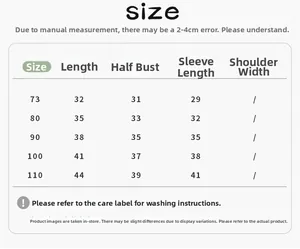 Detailed size chart for baby winter cotton jacket showing length and chest measurements
