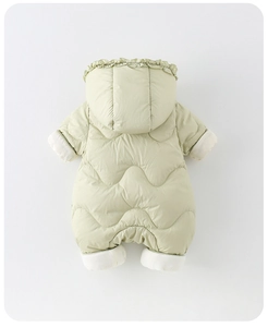Close-up of mint green baby puffer jumpsuit with ruffles and quilted pattern