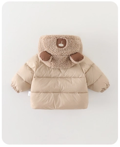 Detail of baby winter jacket hood with brown teddy fleece and 3D bear ears decoration