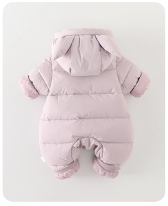 Close-up of pink baby snowsuit featuring animal ear hood and windproof ribbed cuffs