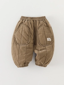 Quilted corduroy toddler thermal pants in brown with elastic waist and large pockets