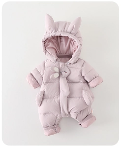 Detail of baby winter jumpsuit with cute bunny ears hood and ribbed sleeve cuffs