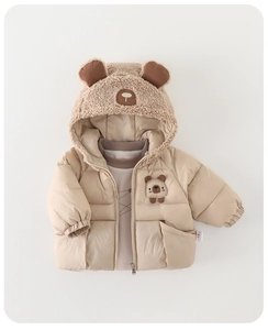 Detail of baby winter coat showing warm fleece hood with cute 3D bear ears and soft fabric
