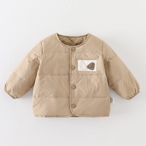Infant White Duck Down Quilted Jacket Liner For Boys Casual Winter Warm Padded Coat With Cartoon Applique Round Neck Single Breasted Baby Outwear