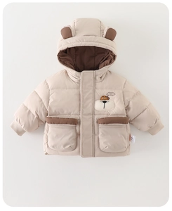 Detailed view of beige infant hooded jacket with cute animal ears and soft embroidery