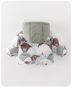Back view of thick winter baby coat with artistic mountain and sheep prints