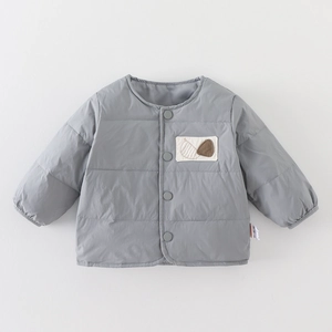 Light grey quilted toddler down vest with front buttons and soft elastic cuffs