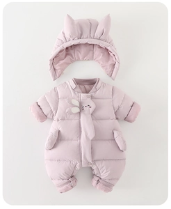 Detail of light pink baby winter romper with bunny ears and warm windproof ribbed cuffs