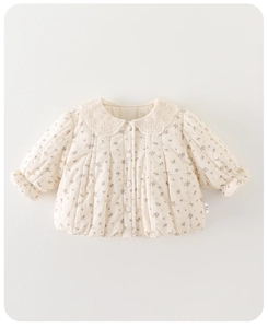 Detail of baby quilted floral cotton jacket with lace Peter Pan collar and size 73 tag