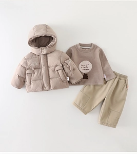 Three-piece baby winter outfit with hooded bear-ear jacket, sweatshirt, and khaki pants