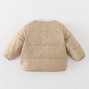 Quilted baby down jacket with round neck and elastic cuffs in warm khaki color