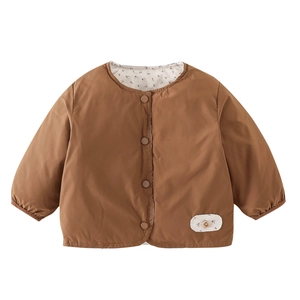 Brown lightweight down jacket for boys with button closure and quilted floral lining