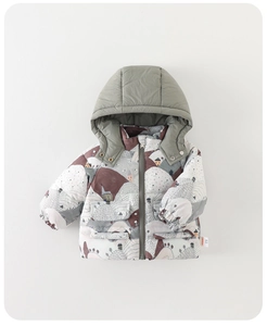 Detail of baby winter jacket showing Nordic mountain prints and zipper closure