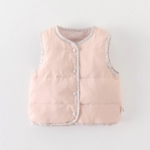 Gilet en Duvet Matelassé Rose Bébé Fille Sans Manches Col Rond Chaud Bordure Florale Gilet Rembourré Automne Hiver Enfants