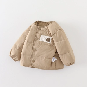 Infant winter quilted duck down jacket in khaki featuring elastic cuffs and button closure