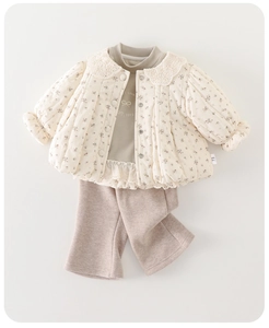 Detailed flat lay of toddler floral quilted jacket with lace collar and matching trousers