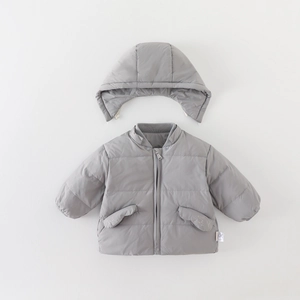 Infant boys grey hooded down jacket with a removable hood and warm elastic cuffs
