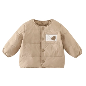 Baby lightweight down vest in khaki with cute cartoon patch and snap button closure