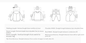 Detailed size guide for baby outerwear showing how to measure length, chest, and sleeves