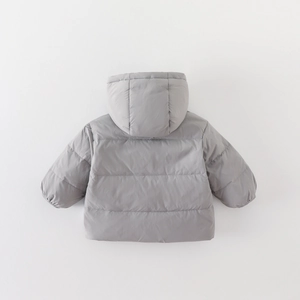 Toddler winter hooded down jacket in grey with classic horizontal quilting and cozy cuffs