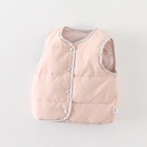 Gilet matelassé rose pour filles avec bordure florale et boutons pour l'automne et l'hiver