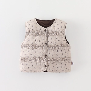 Baby Girls Floral Printed Down Vest Cute Toddler Sleeveless Puffer Gilet Autumn Winter Quilted Warm Ruffle Waistcoat