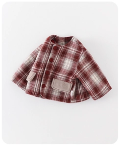 Detailed view of red checkered baby wool jacket with vintage buttons and side pockets