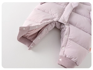 Detail view of baby winter romper showing snap buttons and ribbed windproof leg cuffs