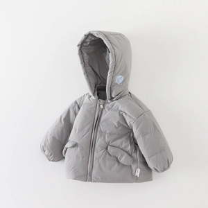 Toddler boy light gray hooded down jacket with cute planet patch for winter warmth