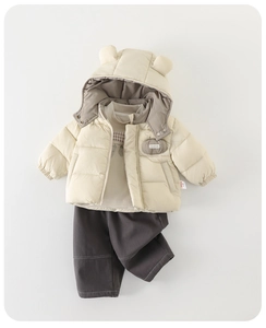 Ensemble 3 pièces hiver bébé avec veste à capuche oreilles d'ours beige et pantalon gris