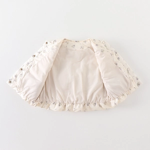 Gilet d'hiver matelassé pour filles beige à motif floral avec des volants doux