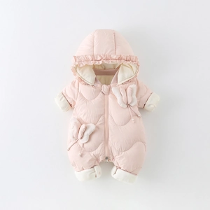 Pink quilted infant hooded snowsuit with butterfly accents and plush trim for winter