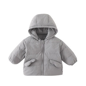 Gray hooded puffer jacket for baby boys with cute cartoon pocket detail and warm insulation