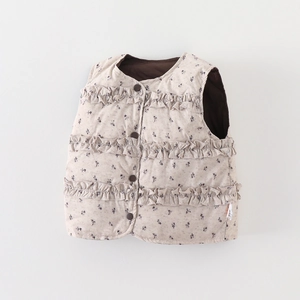 Kids' floral quilted vest featuring cute ruffles and duck down filling for autumn winter