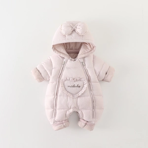 Baby Girls Winter Thick Hooded Romper Warm Polyester Polka Dot Jumpsuit With Bow Heart Embroidery Outdoor Snowsuit