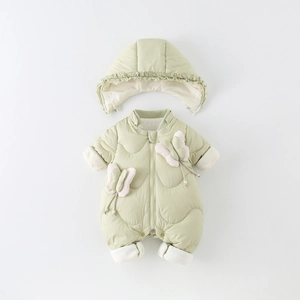 Winter infant down hooded romper in light green with quilted waves and pink bows