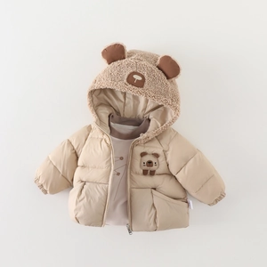 Thick winter infant hooded jacket in beige with bear ear design and warm fleece lining
