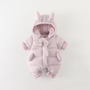 Winter Padded Baby Romper Cartoon Rabbit Ear Hooded Jumpsuit For Infant Girls Warm Snowsuit Thick Outerwear