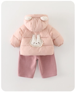 Detailed view of pink infant winter jacket with floral rabbit embroidery and 3D bunny ears