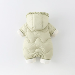 Thick warm baby hooded down jumpsuit in light green with wave quilting and windproof cuffs