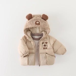Thick winter infant beige hooded jacket with bear ears and warm fleece lining